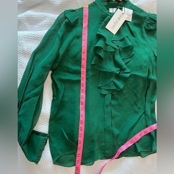NWT Divine Heritage Silk Ruffle Front Blouse  Emerald Sheer Puff Sleeve - Picture 14 of 16